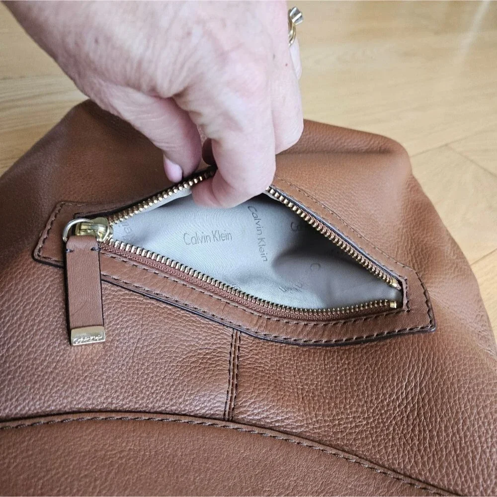 Calvin Klein‎ Brown Pebbled Leather Padlock Hobo Small Shoulder Tote Bag
